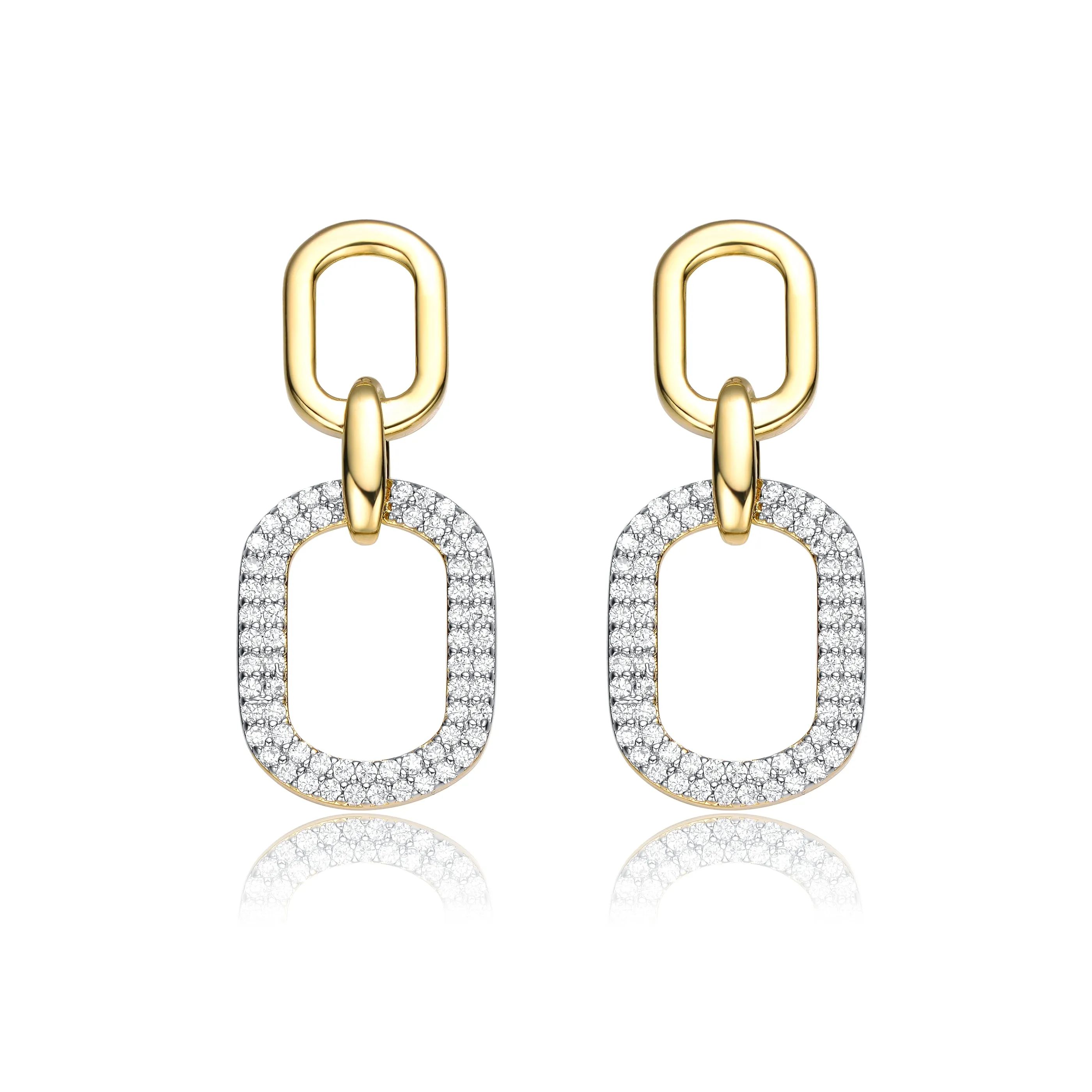 14k Gold Plated with Cubic Zirconia Pave Geometric Oval Chain Dangle Earrings
