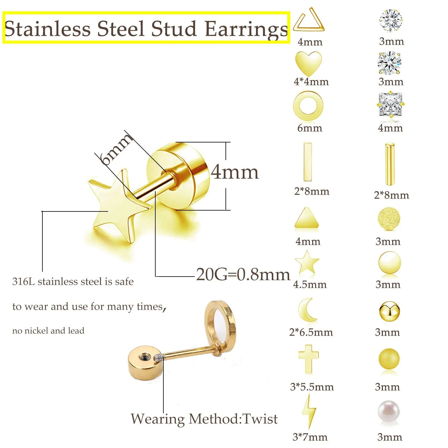 18 Pairs Tiny Cartilage Stud Earrings Set for Women Men Star Triangle Moon Heart Disc Ball CZ Small Screwback Flat Back Stud Earrings Stainless Steel Geometric Barbell Flatback Earrings Piercing Set Golden-tone