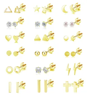 18 Pairs Tiny Cartilage Stud Earrings Set for Women Men Star Triangle Moon Heart Disc Ball CZ Small Screwback Flat Back Stud Earrings Stainless Steel Geometric Barbell Flatback Earrings Piercing Set Golden-tone