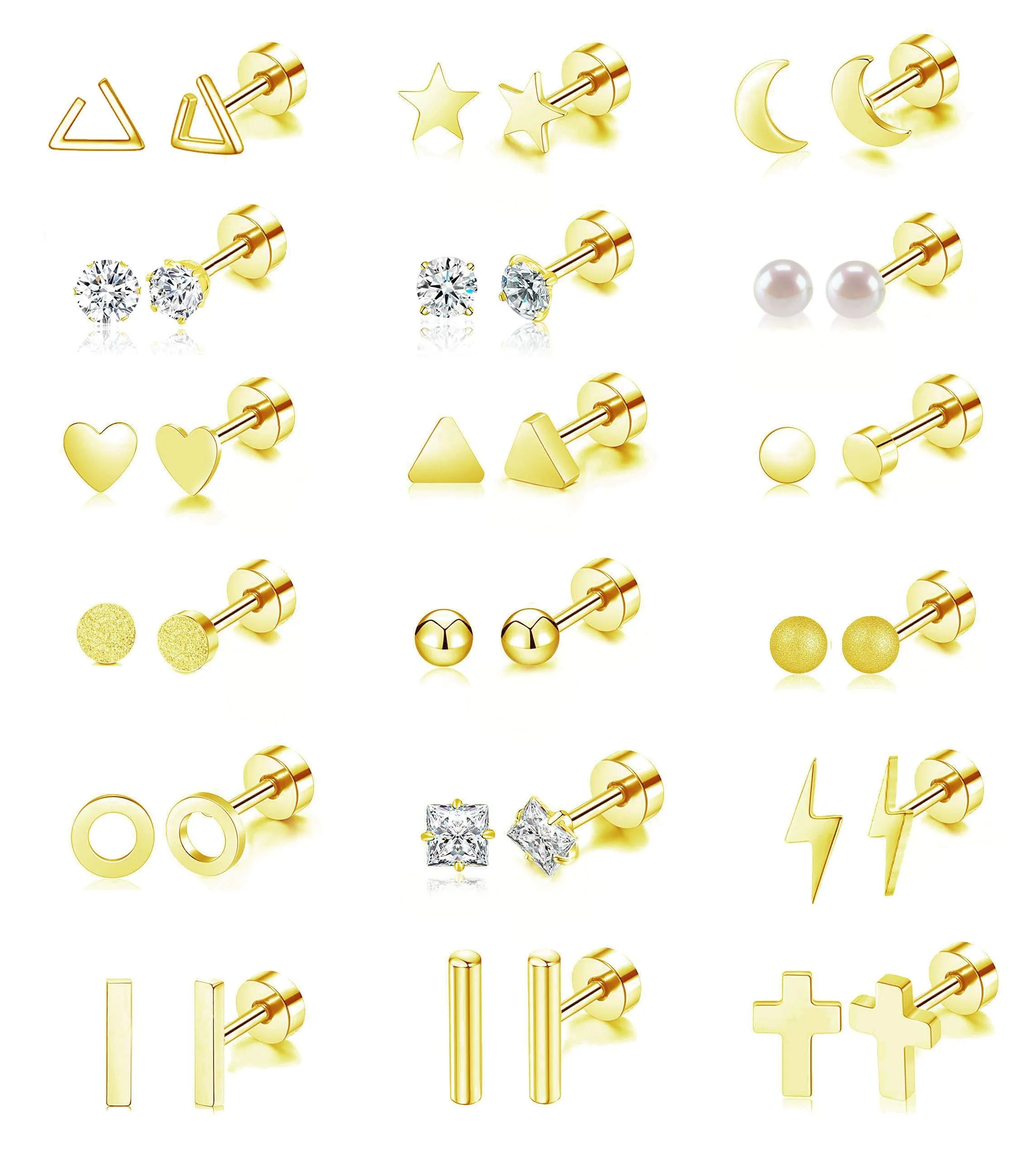 18 Pairs Tiny Cartilage Stud Earrings Set for Women Men Star Triangle Moon Heart Disc Ball CZ Small Screwback Flat Back Stud Earrings Stainless Steel Geometric Barbell Flatback Earrings Piercing Set Golden-tone