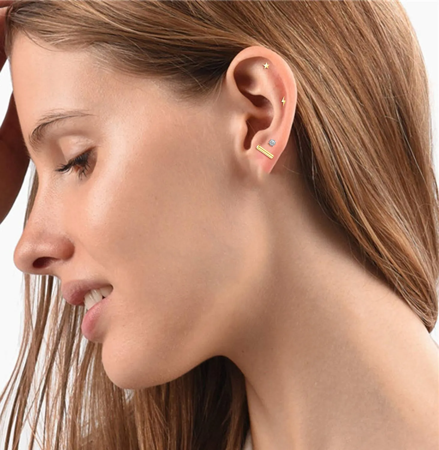 18 Pairs Tiny Cartilage Stud Earrings Set for Women Men Star Triangle Moon Heart Disc Ball CZ Small Screwback Flat Back Stud Earrings Stainless Steel Geometric Barbell Flatback Earrings Piercing Set Golden-tone