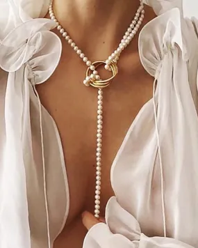 1PCS Faux Pearl Geo Coin Pattern Necklace