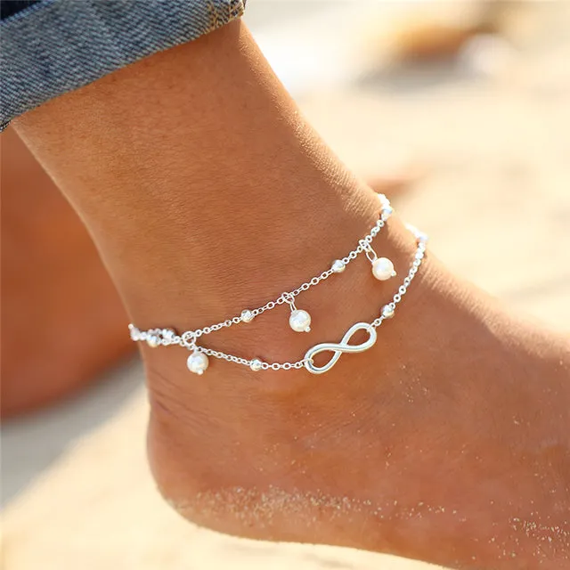 2pcs/Set Blue/White Color Boho Beads Ankle Bracelet