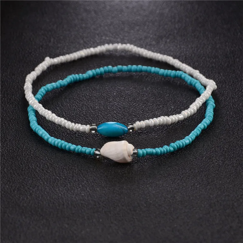 2pcs/Set Blue/White Color Boho Beads Ankle Bracelet