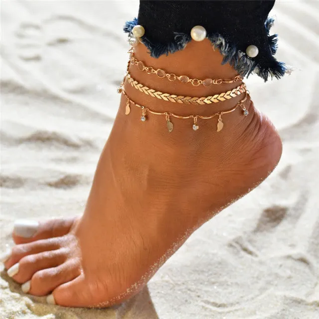 3pcs/set Gold Color Simple Chain Anklets For Women