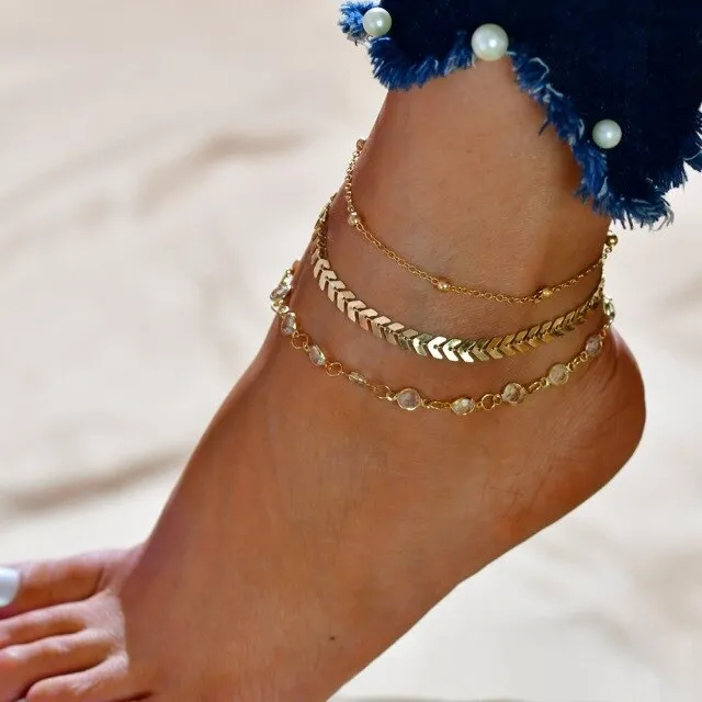 3pcs/set Gold Color Simple Leaf Female Anklets Foot Jewelry Leg Anklets On Foot Ankle Bracelets For Women