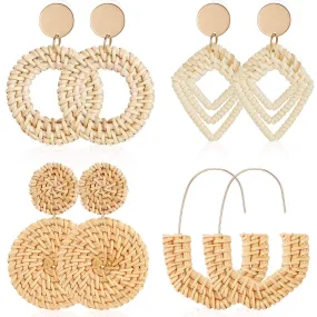 4 Pairs Rattan Earrings Lightweight Geometric Statement Tassel Woven Bohemian Earrings Handmade Straw Wicker Braid Hoop Drop Dangle Earrings For Women Girls (Style B)