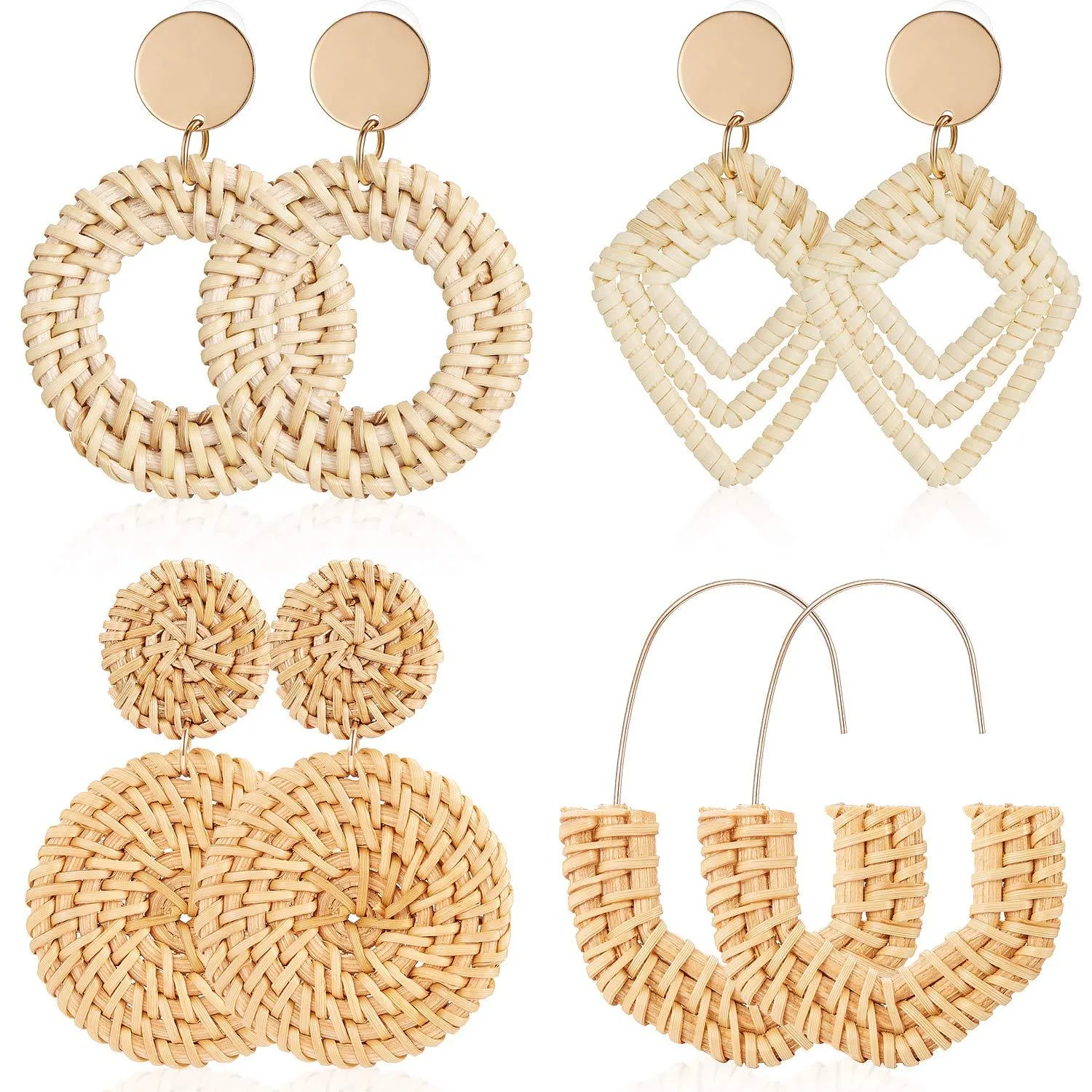 4 Pairs Rattan Earrings Lightweight Geometric Statement Tassel Woven Bohemian Earrings Handmade Straw Wicker Braid Hoop Drop Dangle Earrings For Women Girls (Style B)