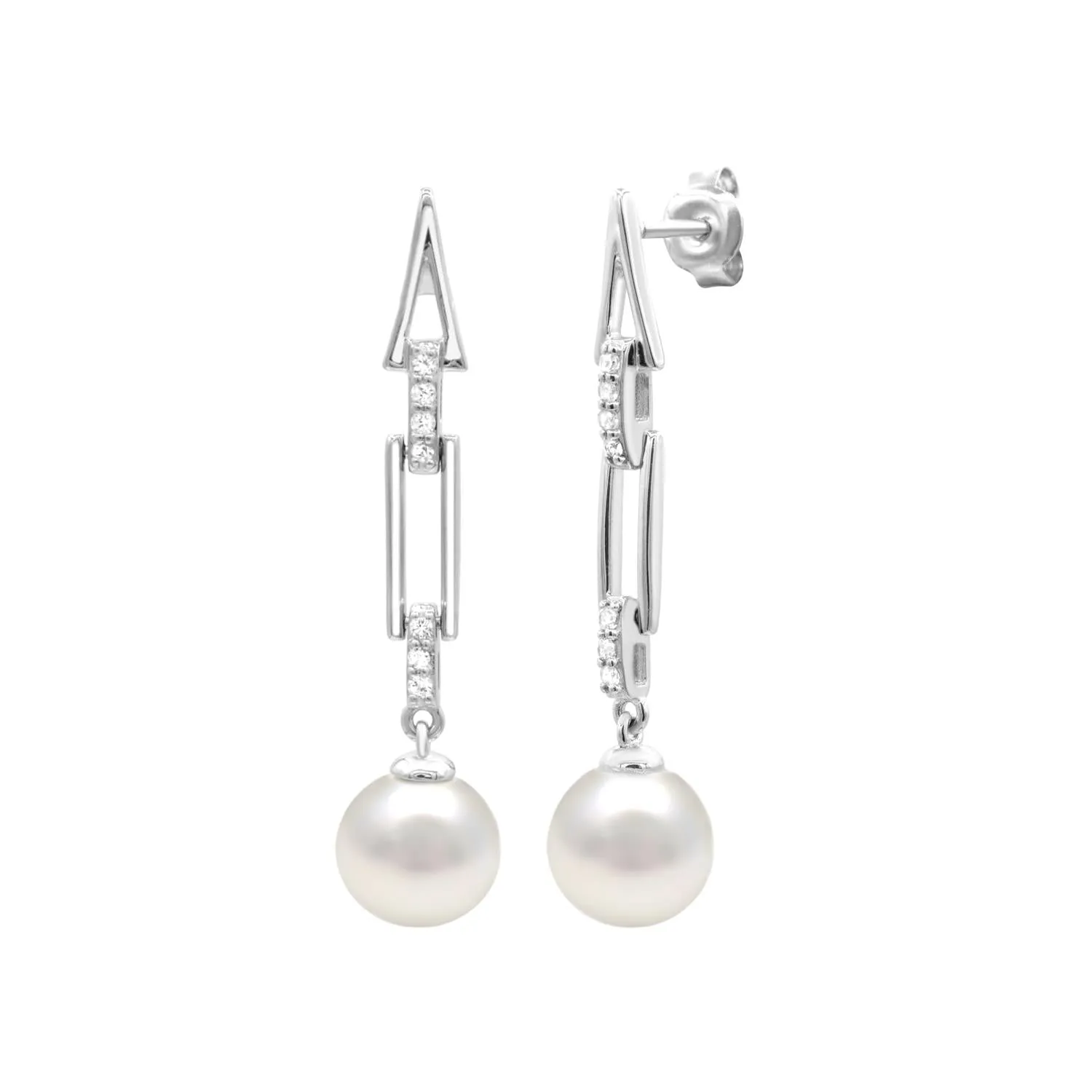 8.5X9MM Round Pearl and White Sapphire Drop & Dangle Earrings in Sterling Silver