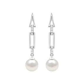 8.5X9MM Round Pearl and White Sapphire Drop & Dangle Earrings in Sterling Silver