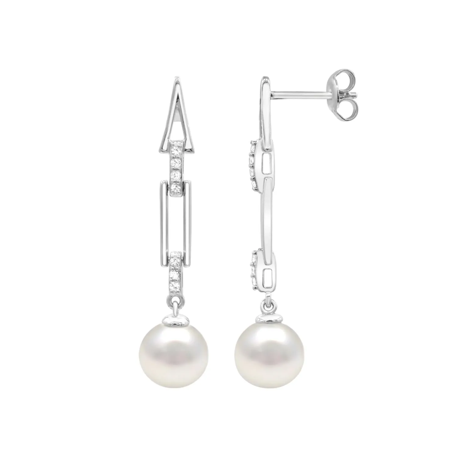 8.5X9MM Round Pearl and White Sapphire Drop & Dangle Earrings in Sterling Silver