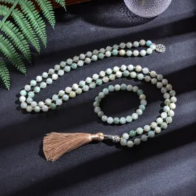 8mm African Jadeite108 Beaded Knotted Japamala Necklace Bracelet Set