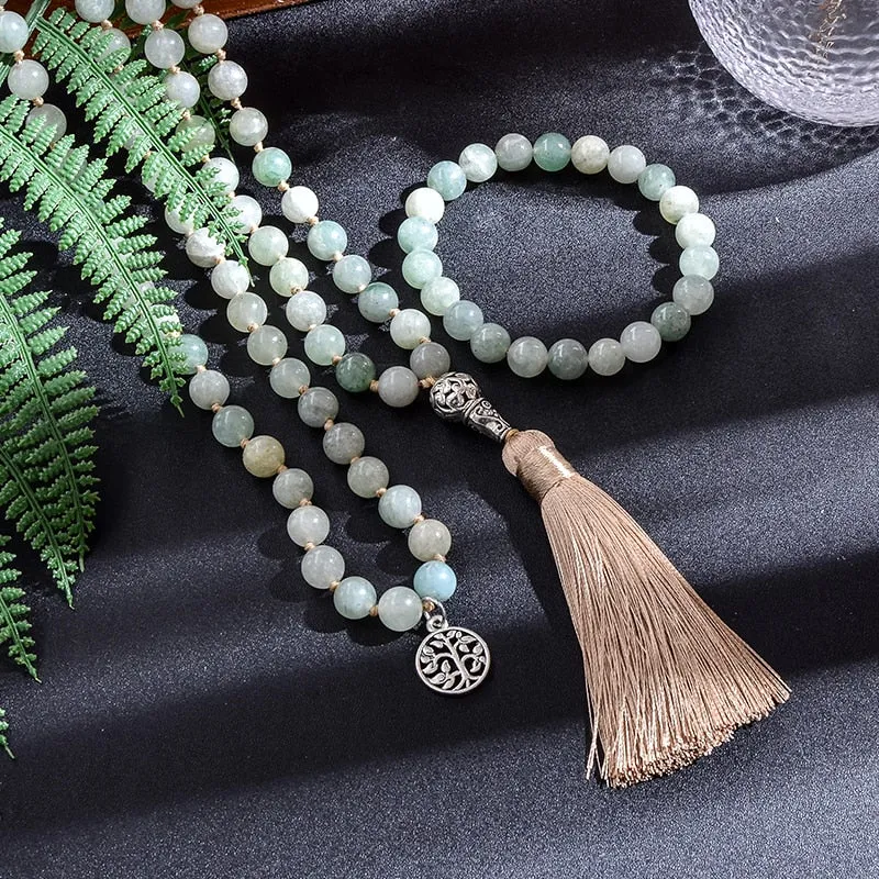 8mm African Jadeite108 Beaded Knotted Japamala Necklace Bracelet Set