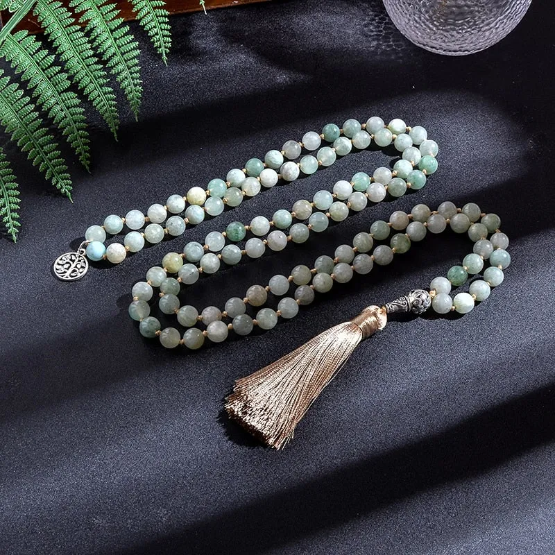 8mm African Jadeite108 Beaded Knotted Japamala Necklace Bracelet Set