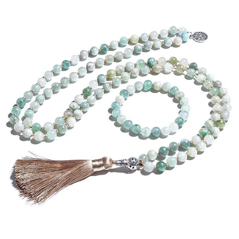 8mm African Jadeite108 Beaded Knotted Japamala Necklace Bracelet Set
