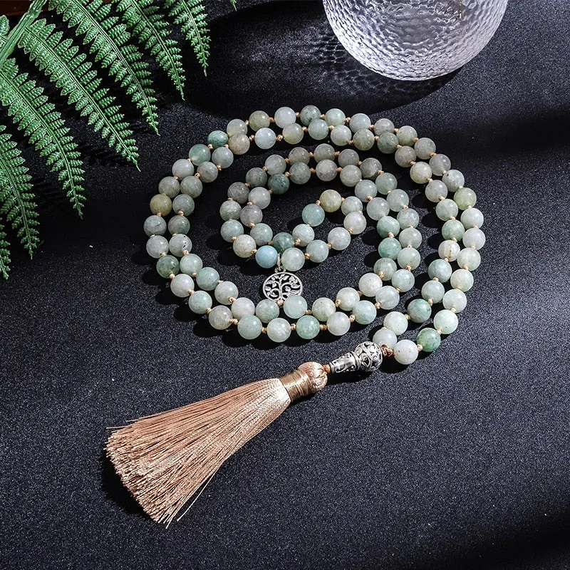 8mm African Jadeite108 Beaded Knotted Japamala Necklace Bracelet Set