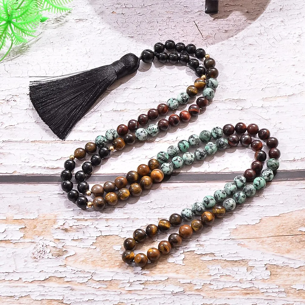8mm African Turquoise Tiger Eye Stone Black Onyx Beaded 108 Mala Necklace Bracelet Set