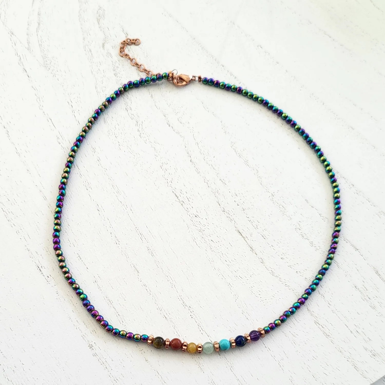 BESHEEK Copper Rainbow Hematite Chakra Beaded Adjustable Necklace? Handmade Hypoallergenic Boho Beach Gala Wedding Style Fashion Jewelry