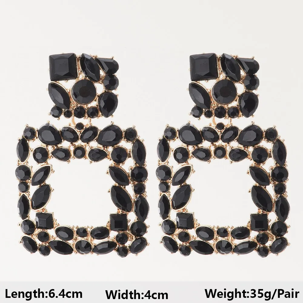 Black Heart Flower Geometric Acrylic Crystal Hanging Drop Earrings