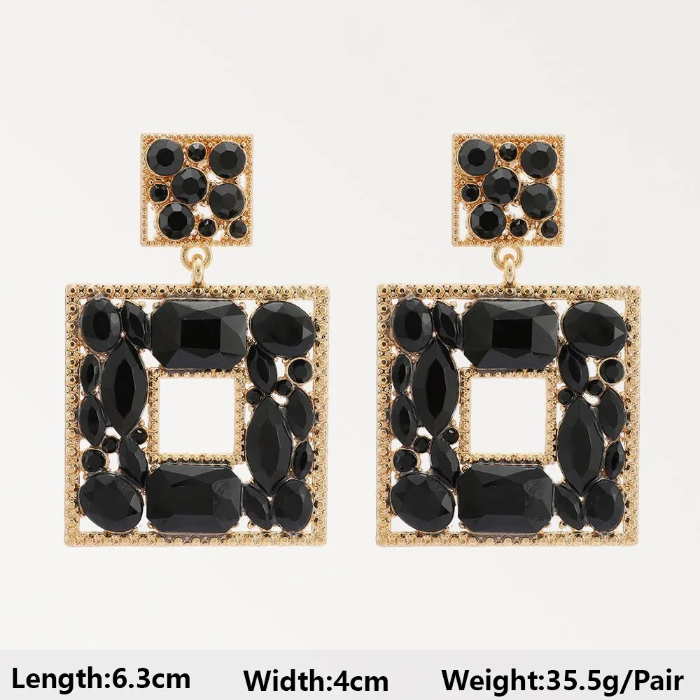 Black Heart Flower Geometric Acrylic Crystal Hanging Drop Earrings