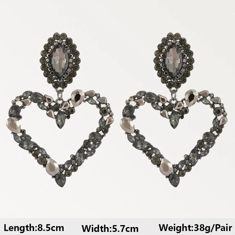 Black Heart Flower Geometric Acrylic Crystal Hanging Drop Earrings