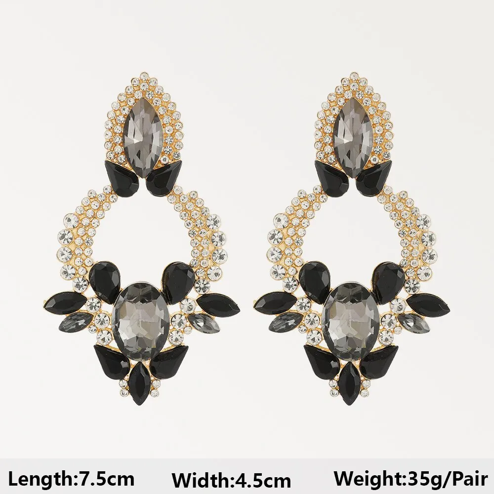 Black Heart Flower Geometric Acrylic Crystal Hanging Drop Earrings