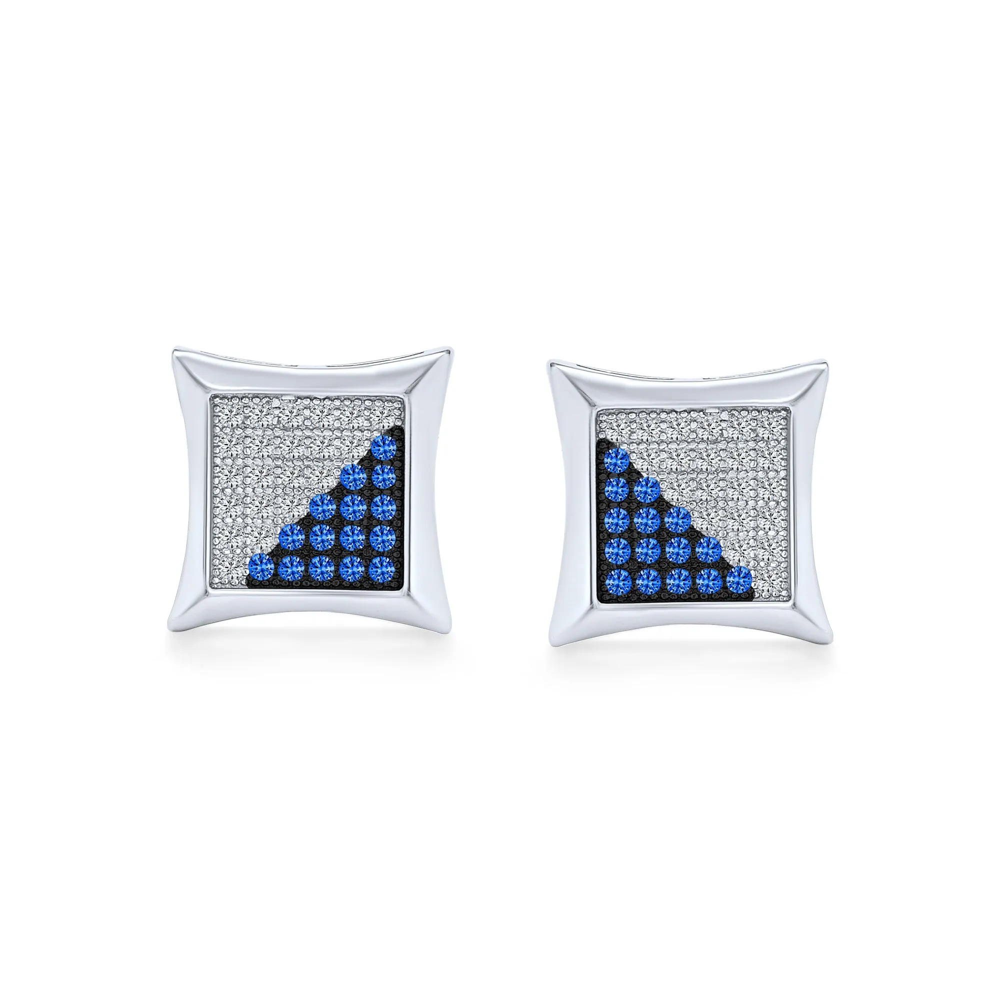 Black Yellow Blue CZ Stud Earrings, Square Cubic Zirconia, Sterling Silver, 10MM
