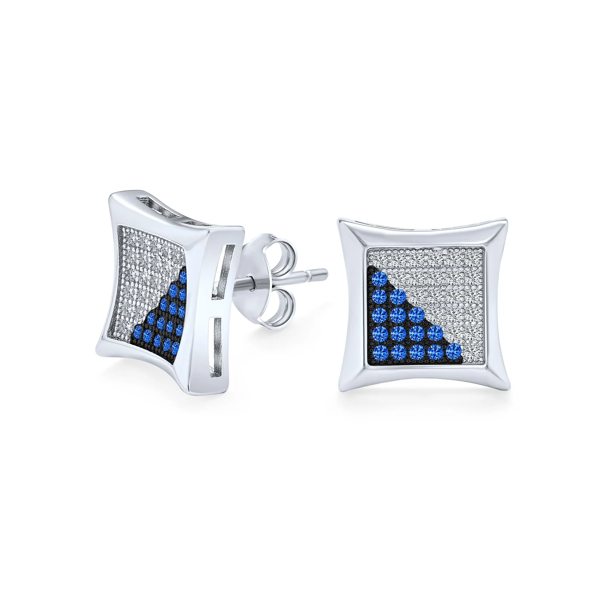 Black Yellow Blue CZ Stud Earrings, Square Cubic Zirconia, Sterling Silver, 10MM