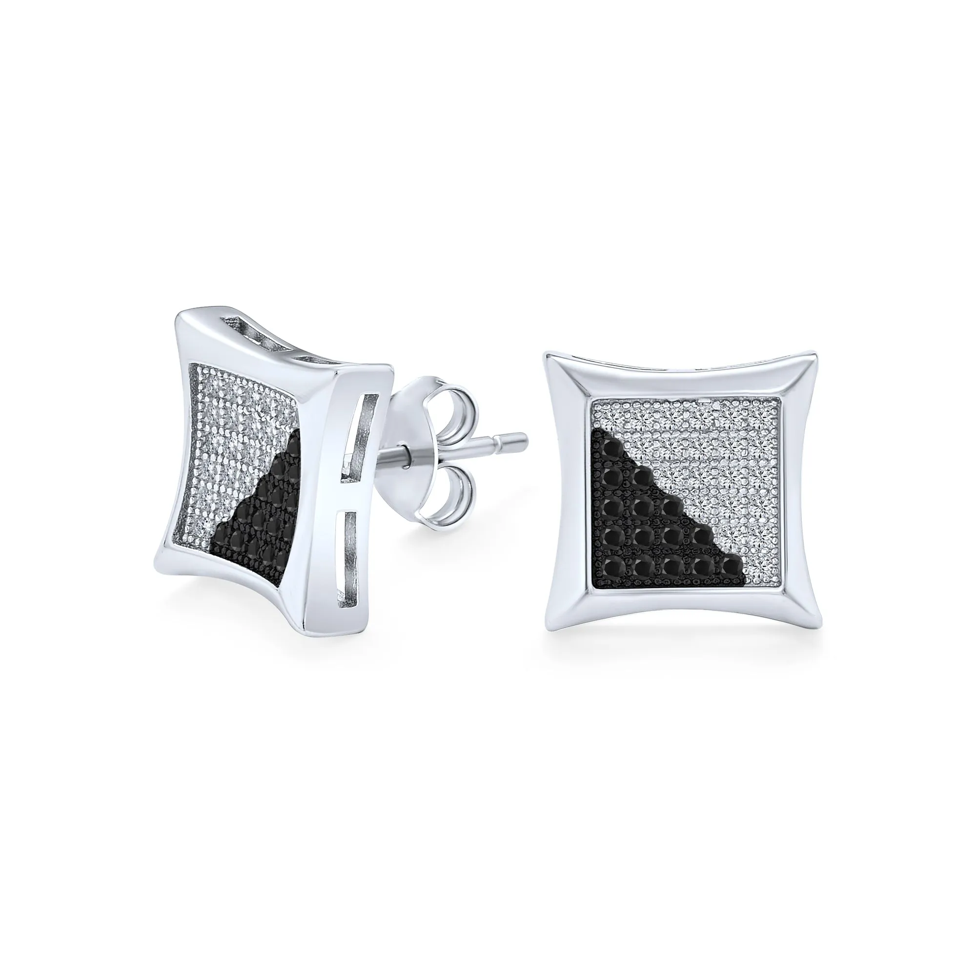 Black Yellow Blue CZ Stud Earrings, Square Cubic Zirconia, Sterling Silver, 10MM