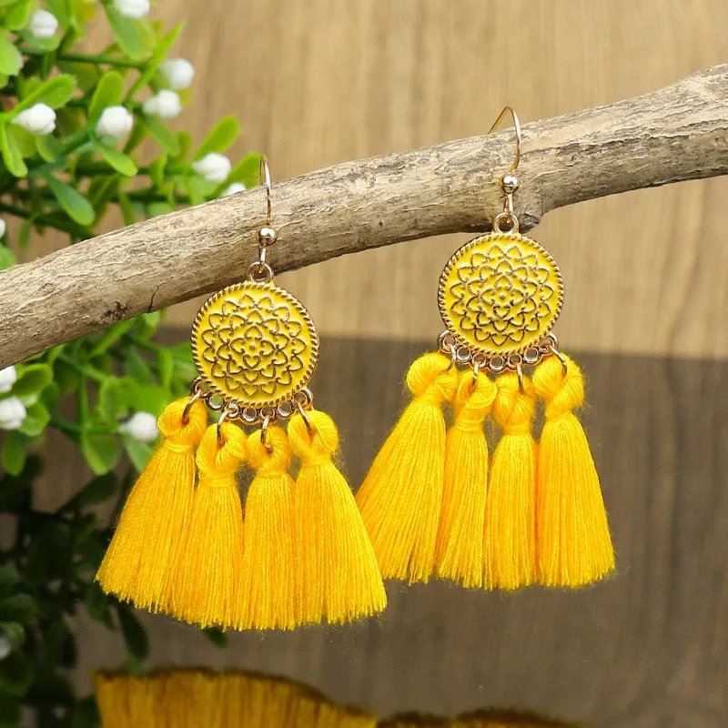 Bohemian Yellow Flower Long Tassel Earrings for Women