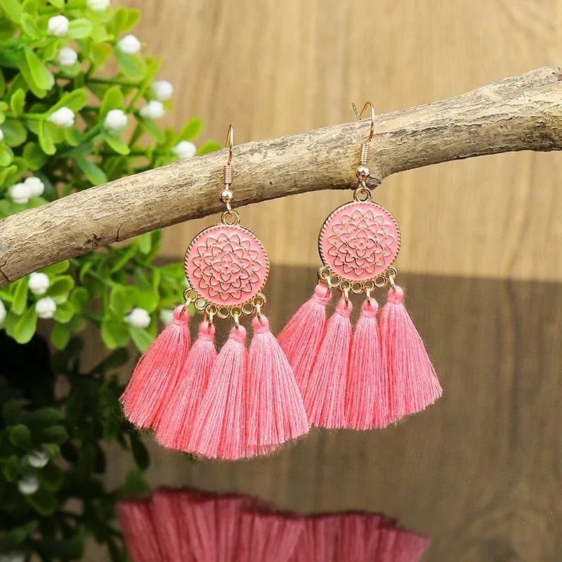 Bohemian Yellow Flower Long Tassel Earrings for Women