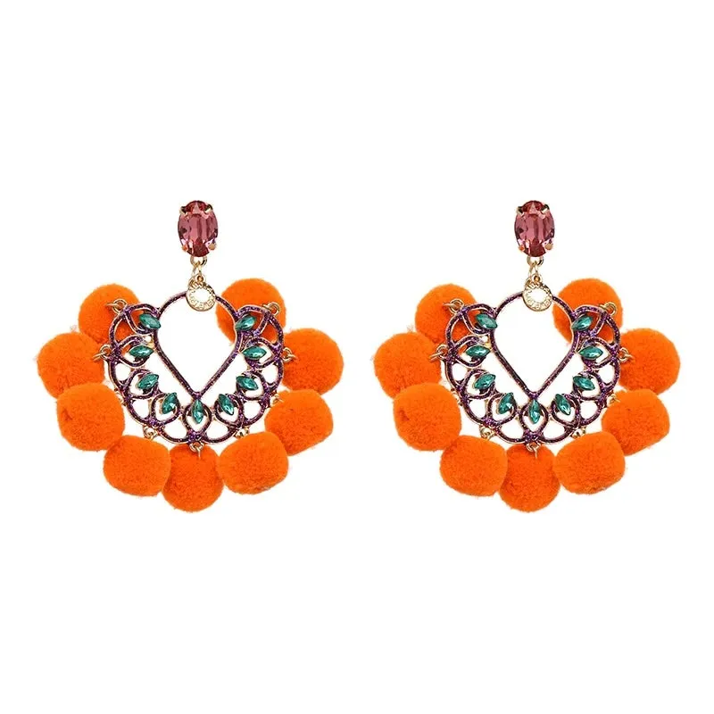 Citrine Pom Pom Fan Bohemian Earrings
