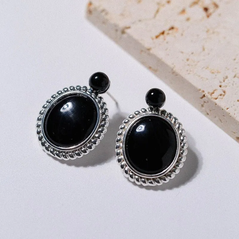 Dark Night Black Agate Mirror Gemstone Earrings-Black Agate Earrings