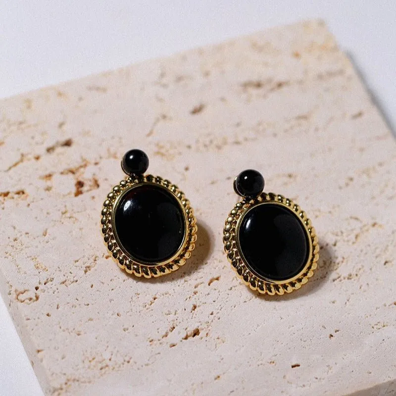 Dark Night Black Agate Mirror Gemstone Earrings-Black Agate Earrings