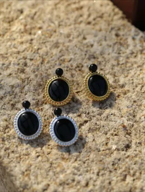 Dark Night Black Agate Mirror Gemstone Earrings-Black Agate Earrings