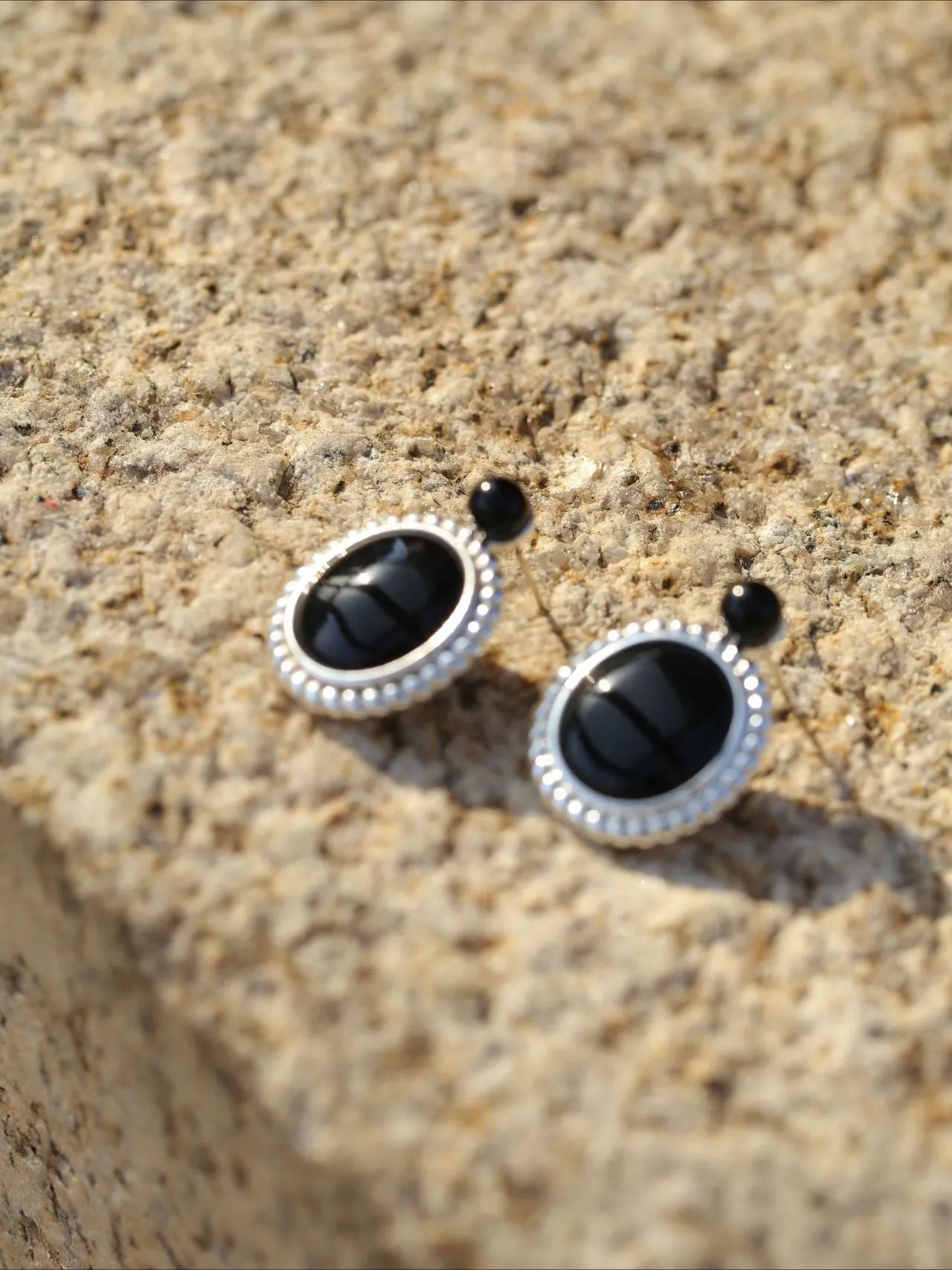 Dark Night Black Agate Mirror Gemstone Earrings-Black Agate Earrings