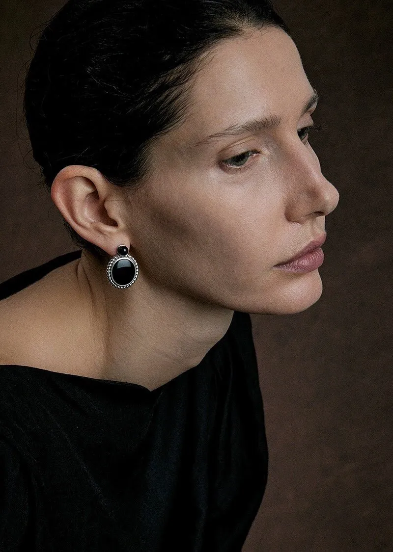 Dark Night Black Agate Mirror Gemstone Earrings-Black Agate Earrings