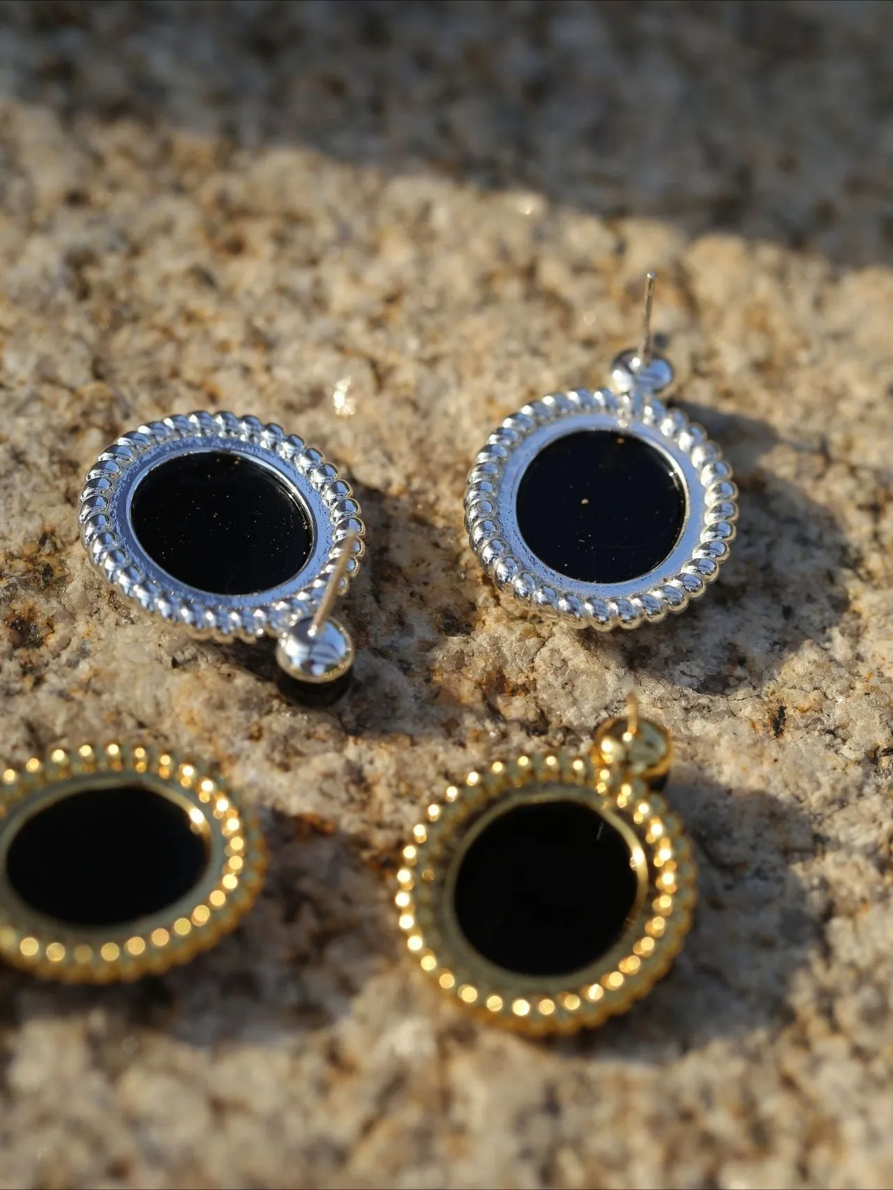 Dark Night Black Agate Mirror Gemstone Earrings-Black Agate Earrings