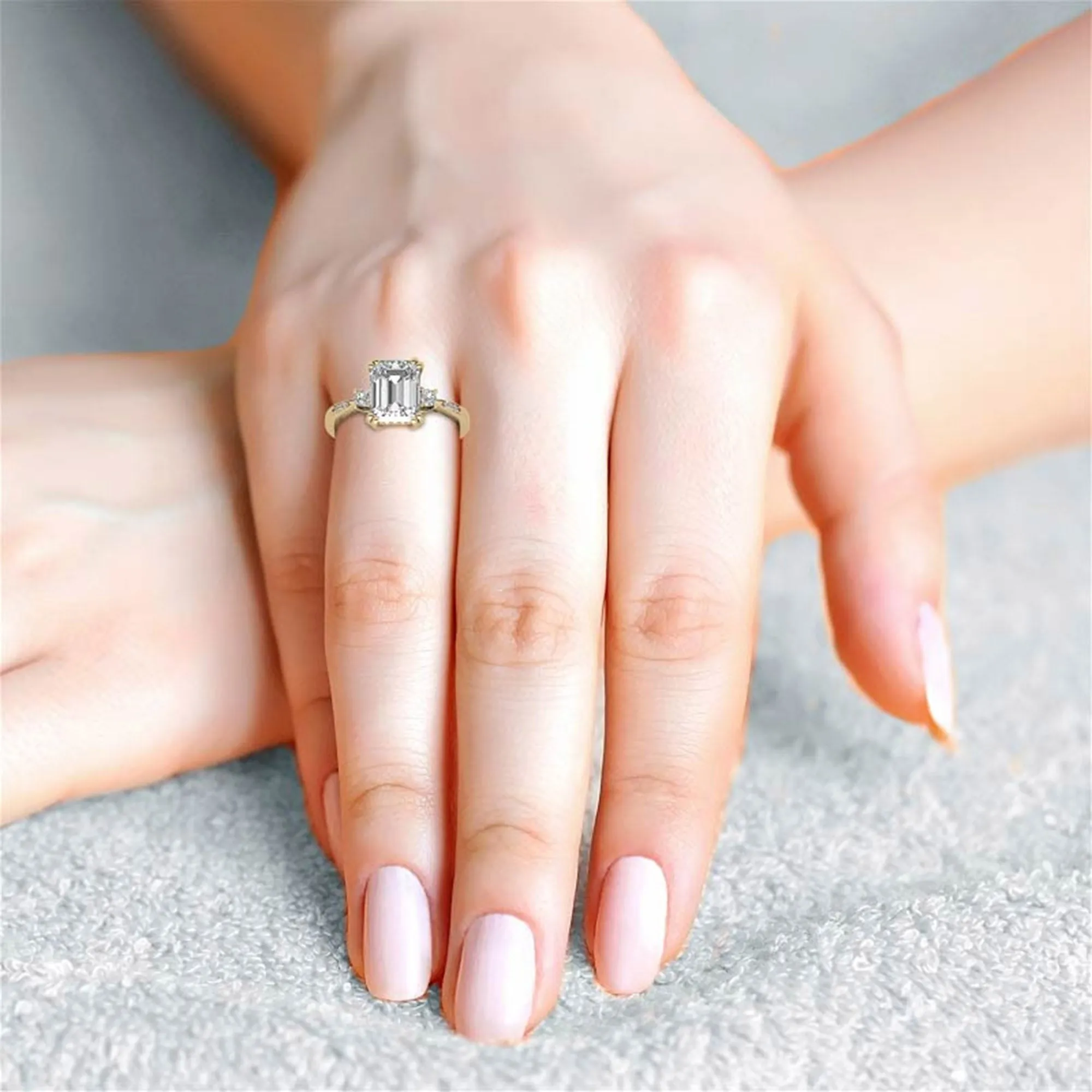 Emerald-Cut  With Two Round Stones Yellow  Gold Adjustable Sterling Silver Engagement Ring For Woman