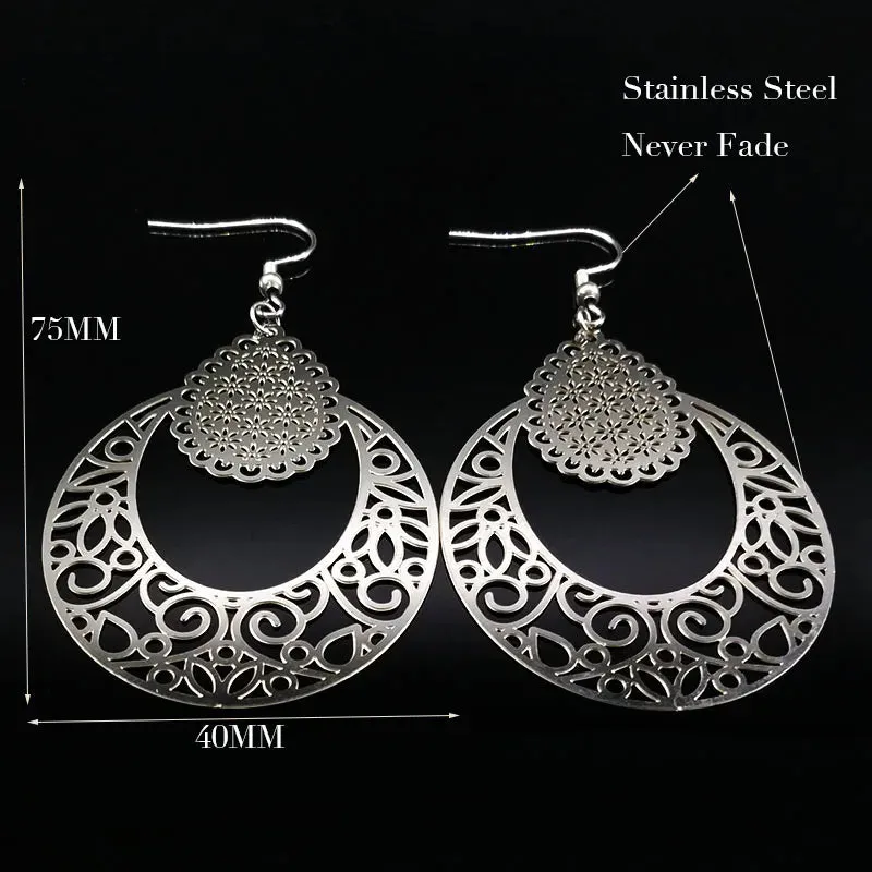 Fashion Hollow Big Stainless Steel Dangle Earrings Women Silver Color Antique Earrings