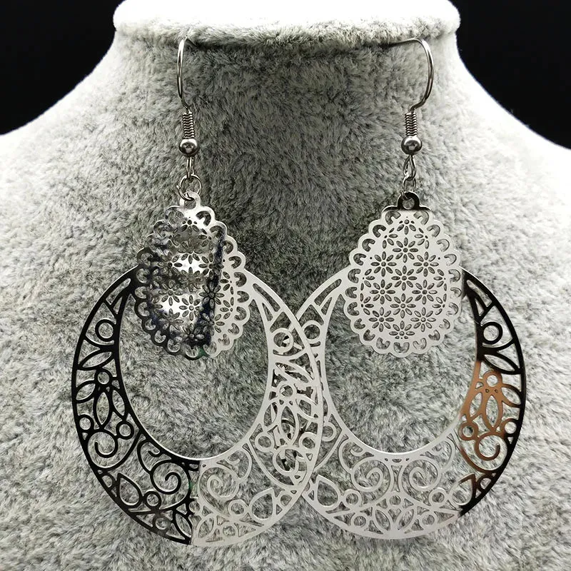 Fashion Hollow Big Stainless Steel Dangle Earrings Women Silver Color Antique Earrings
