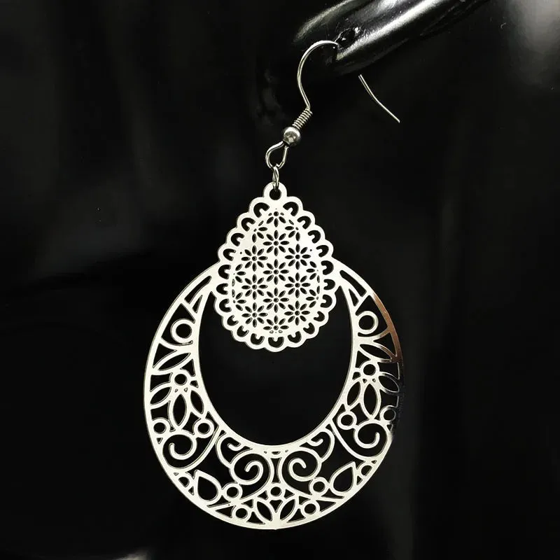 Fashion Hollow Big Stainless Steel Dangle Earrings Women Silver Color Antique Earrings