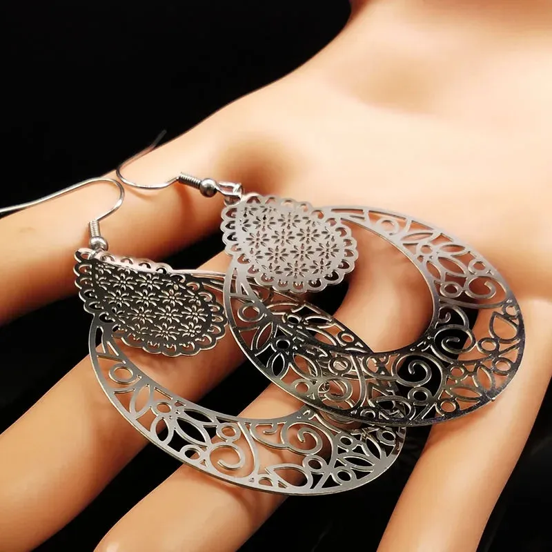 Fashion Hollow Big Stainless Steel Dangle Earrings Women Silver Color Antique Earrings