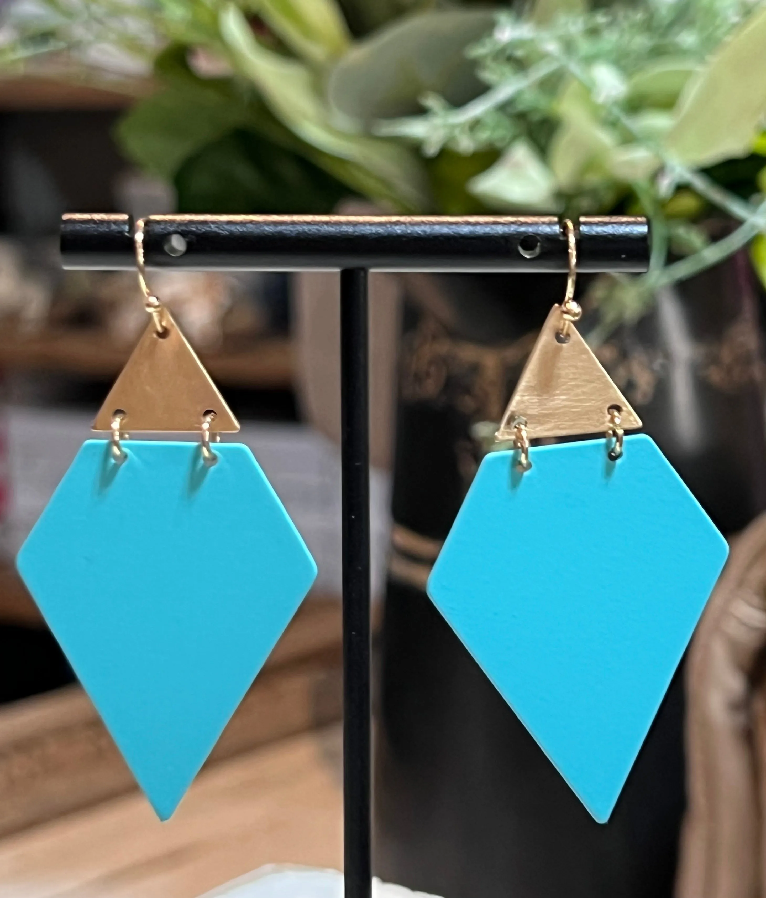 Gold & Bright Teal Metal Geometric Triangle 2" Earrings