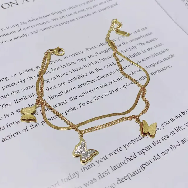Gold Color Embedded Zircon Butterfly Charm Snake Bone Anklets For Women