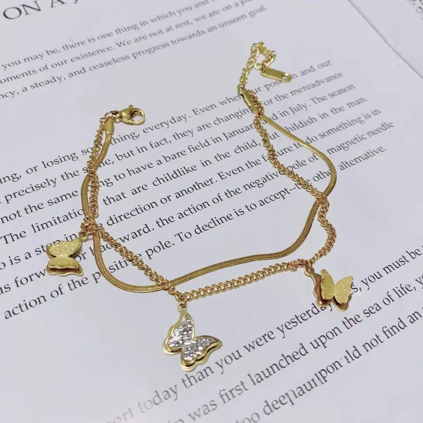 Gold Color Embedded Zircon Butterfly Charm Snake Bone Anklets For Women