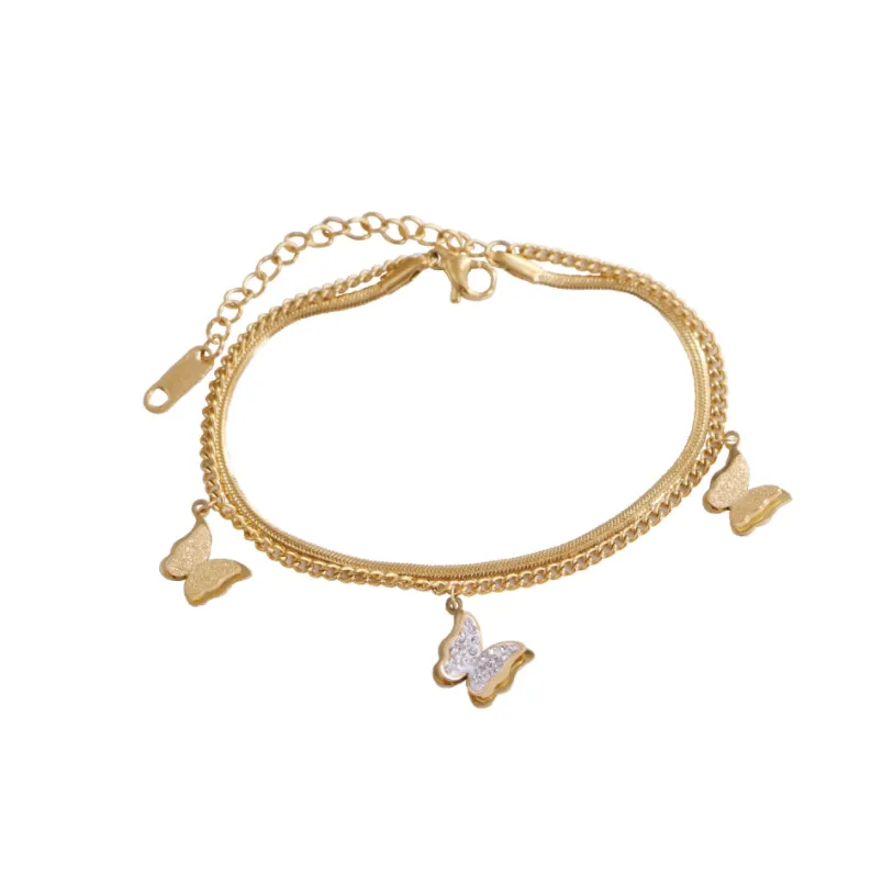 Gold Color Embedded Zircon Butterfly Charm Snake Bone Anklets For Women