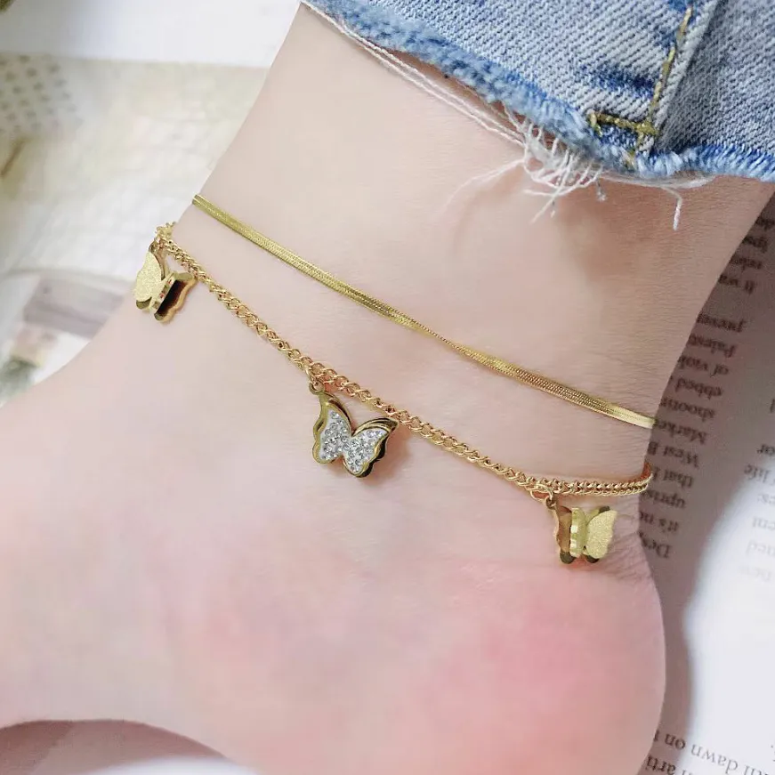 Gold Color Embedded Zircon Butterfly Charm Snake Bone Anklets For Women