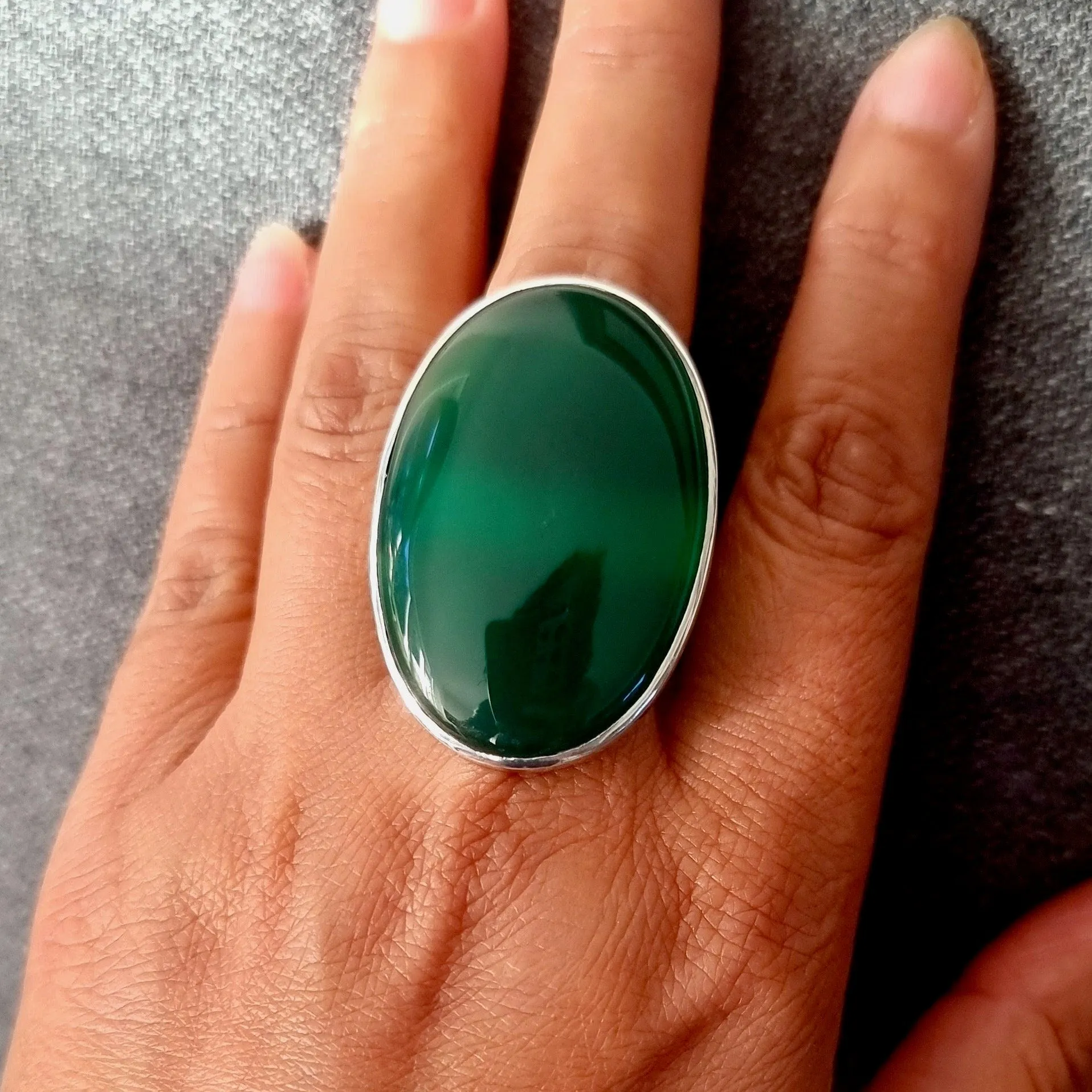 Green Onyx Oval 36mm x 26mm Adjustable 925 Silver Ring, R118
