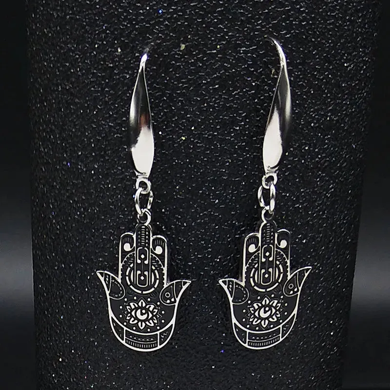 Hamsa Hand Stainless Steel Dangle Earrings Women Black Enamel Earrings